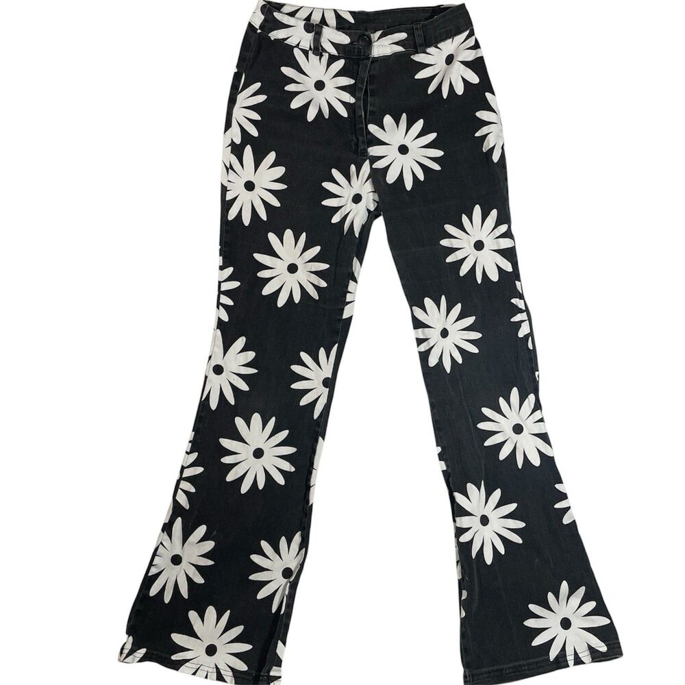 Pretty Damage Daisy Floral Print Flare Denim Jeans Black White Size S Spring